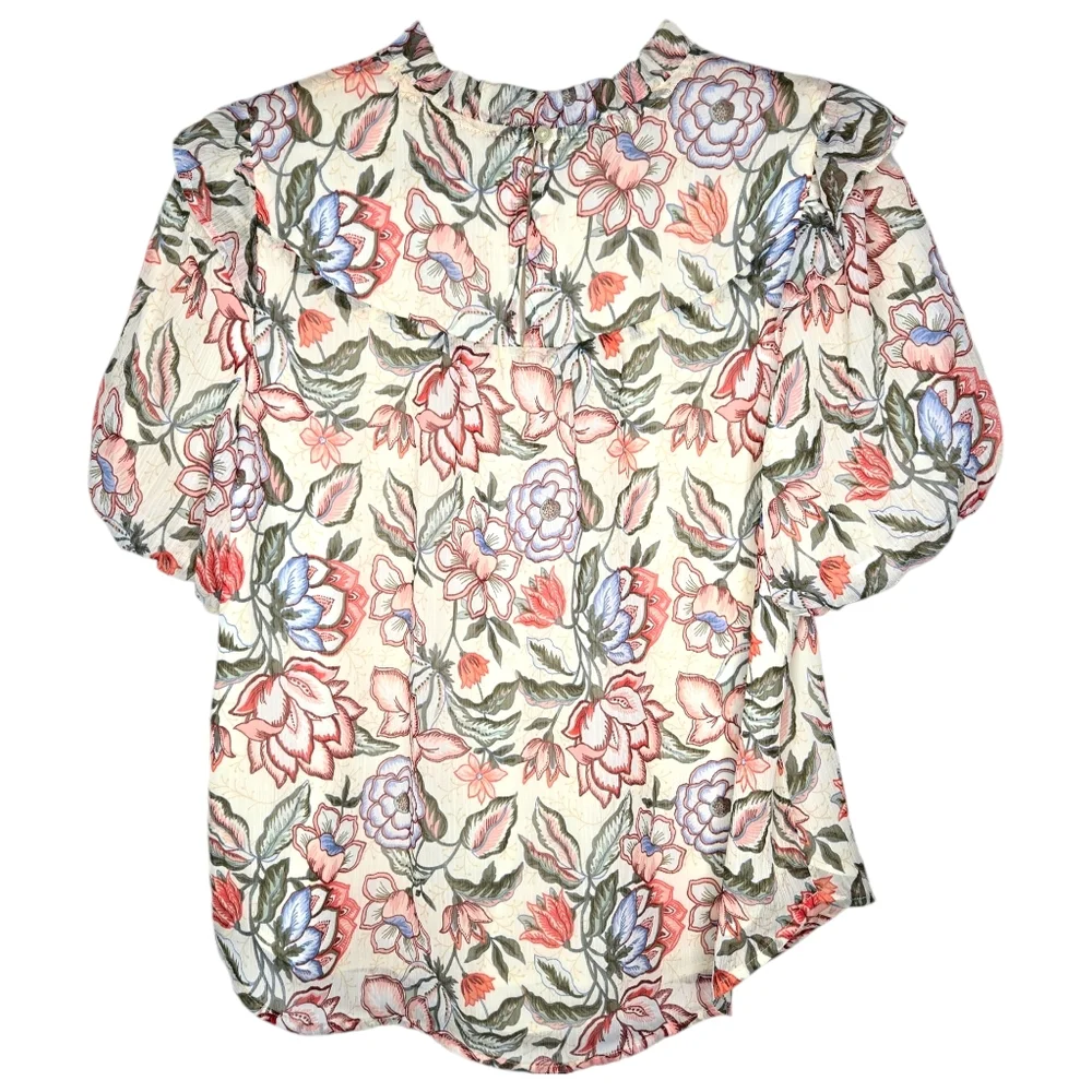 LOFT Puff Sleeve Floral Babydoll Blouse Size S Colorful Ruffle Neck Gardencore